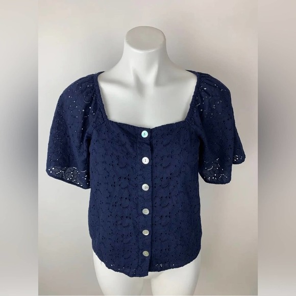 a new day Tops - A New Day Navy Blue Eyelet Button Down Square Neck Blouse Top